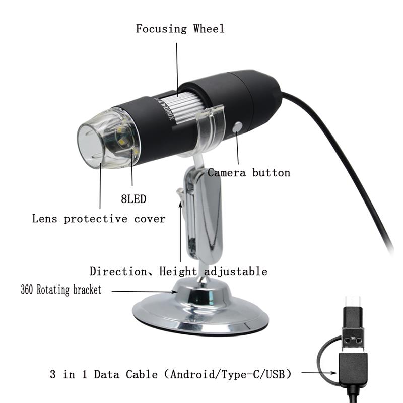 HD 2.0MP 1000X 3 IN 1 USB Android Type-c Microscope Stereo Electronic Digital Microscope