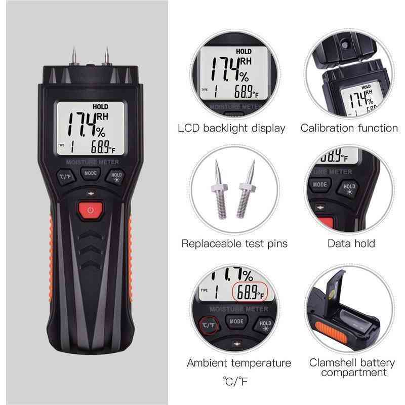 Moisture Meter, Digital Damp Meter Detector with 7 Modes, Backlit LCD Display